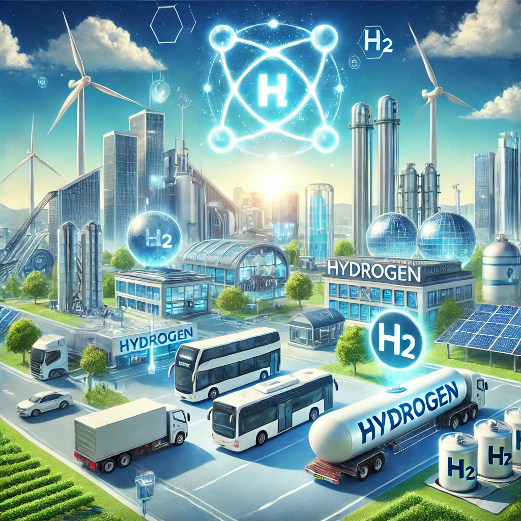 A futuristic and optimistic illustration depicting the future of hydrogen energy. The image showcases a sustainable city powered by hydrogen,