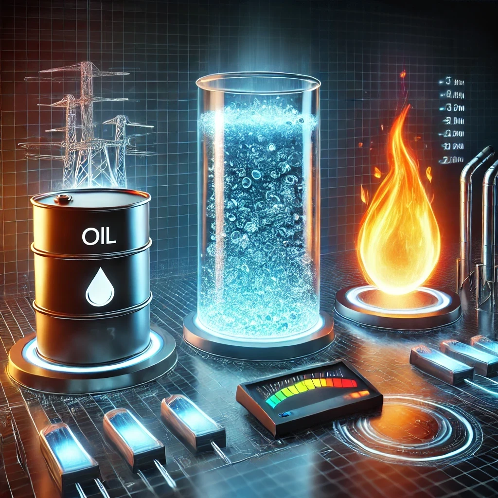 Illustration zum Vergleich des Energiegehalts von Wasserstoff, Öl und Gas. Dargestellt sind ein Ölfass, ein transparenter Wasserstoffspeicher und eine Gasflamme, jeweils mit leuchtenden Energieeffekten. Ein digitales Energiemessgerät zeigt die Unterschiede im Energiegehalt. Der Hintergrund symbolisiert den Übergang von fossilen Brennstoffen zu erneuerbaren Energien.